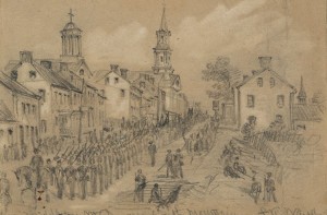 Union soldiers marching through Middletown on their way to battle