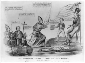Cartoon depicting Anti-Catholic sentiments from 1863. Anti-Catholicism ran parallel to nativist or "Know Nothing" ideals of the time. 