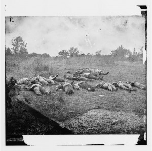 The bodies of Confederate soldiers lined up for burial. 