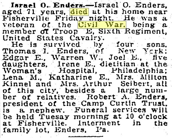 Civil War Blog » Obituary of Israel O. Enders